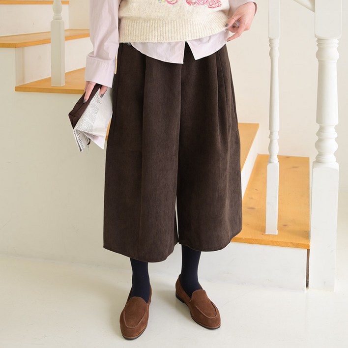 데일리앤 리틀 여성 코듀로이 벌룬 밴딩 8부 핀턱 와이드 큐롯 치마바지 가을 겨울 7부 스커트팬츠