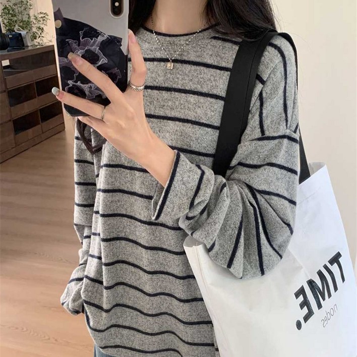 소비르 여성 긴팔 스트라이프 니트티 루즈핏 니트 티셔츠