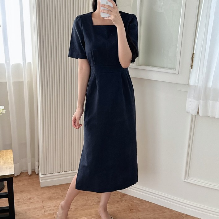 이푼아이 린넨 양트임 스퀘어넥 반팔 롱 미니 원피스