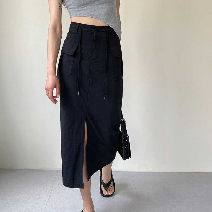 SL바스락여름 아노락 스트링 허리조절 경량 앞트임 카고 Y2K 롱 스커트