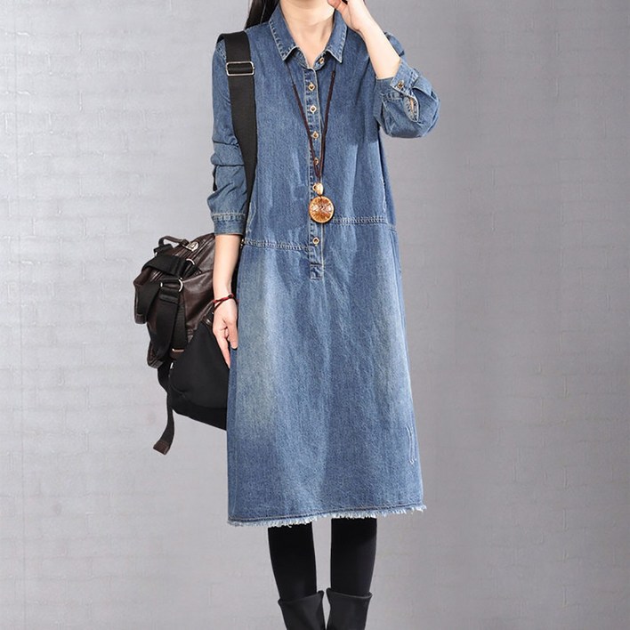 ROYALBELLE 여성 카라넥 루즈핏 데님 원피스 페치워크 구제 캐주얼 청원피스 U0041816