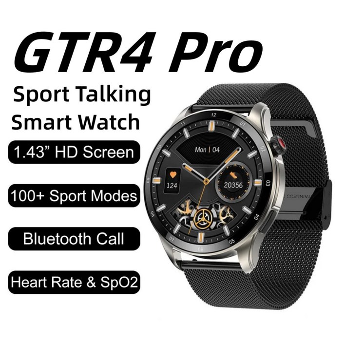 남성용 GTR4 프로 스마트 워치, 1.43 인치 HD 블루투스 통화, 심박수 혈압 스마트워치, 안드로이드용 100 가지 이상의 스포츠 모드, 2024 신제품