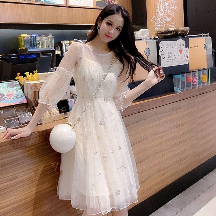 여성 원피스 봄 여름 가을 드레스 요정 숲 단색 심플 레이스 쉬폰 자수 시크