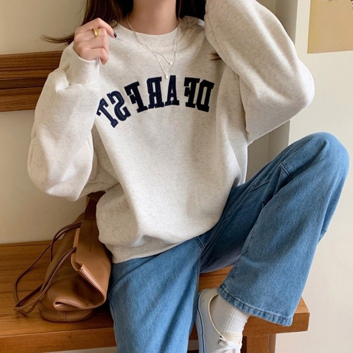 여자 오트밀 네이비 세미 루즈핏 아치 자수 레터링 가을 데일리 디어자수레터링맨투맨