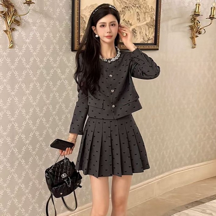 여성 봄 소향풍 스커트 세트 큐빅 정장 자켓  플리츠 스커트 투피스 프렌치 여자 트위드 투피스 세트 YXF