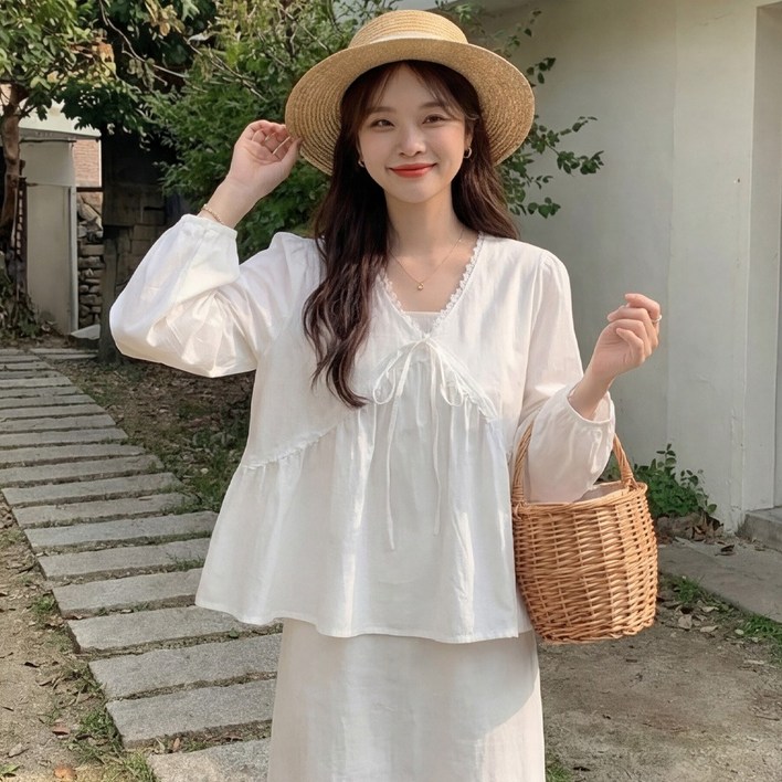 B1777 로페츠 빅사이즈 여성 레이스 리본 브이넥 블라우스 봄가을용