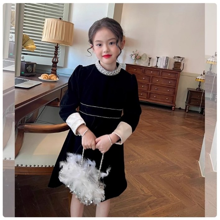 AC4708 여아 키즈 주니어 겨울 가을 봄 고퀄 면혼방 벨벳 융 라운드넥 긴팔 기모 미디 롱 진주 장식 트위드 크리스마스 플리츠 플레어 원피스 드레스 치마 연말 파티 아동복