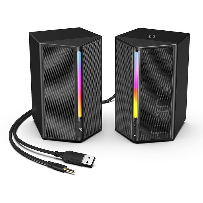 FIFINE A20 컴퓨터 스피커, 볼륨 조절이 가능한 데스크톱 PC 스피커, 노트북 모니터 휴대폰 태블릿용 3.5mm 보조 오디오 케이블이 연결된 RGB 게이밍 스피커, 검정