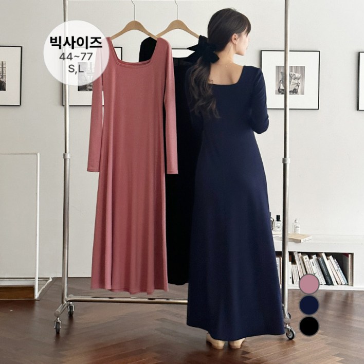 라운지무드 SL 스판 좋은 바니 플레어 A라인 긴팔 스퀘어넥 롱 원피스 무지 빅사이즈까지 키큰녀원피스