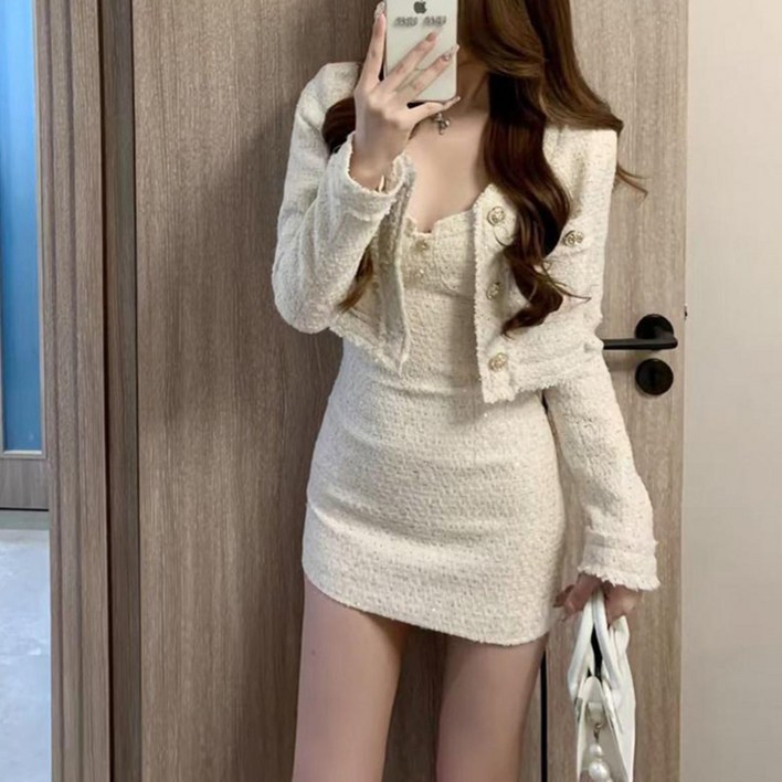 반하나봄 여성 트위드 자켓 원피스 세트 슬림핏 미니 투피스 하객룩 데이트룩