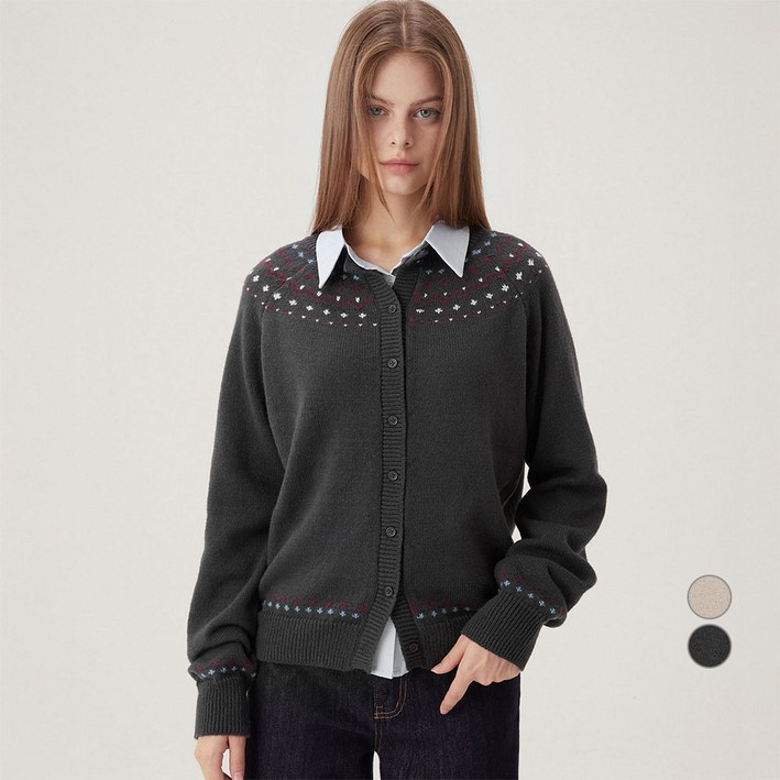 여성용 폭닥 헤어리얀 페어 아일 자카드 버튼업 가디건
