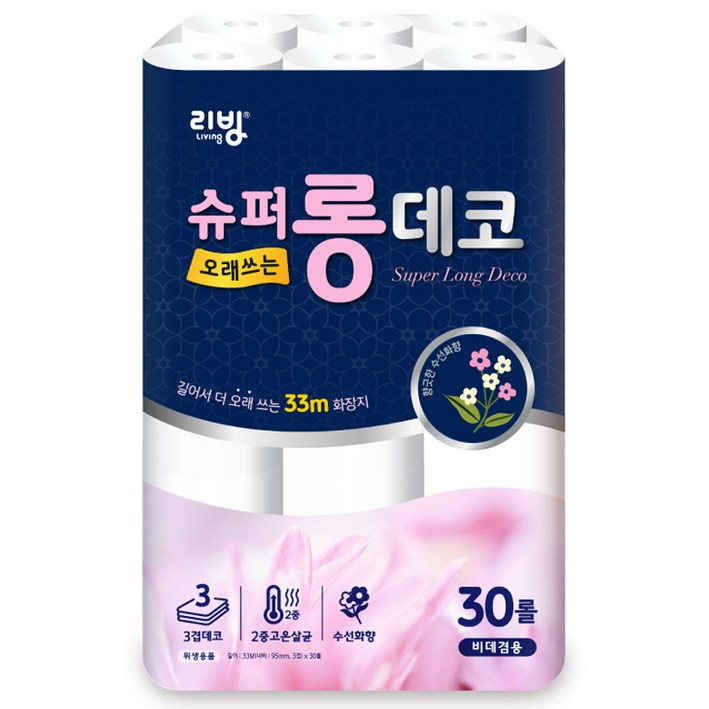 리빙 3겹 데코 슈퍼롱 롤화장지 33m, 30개, 1개
