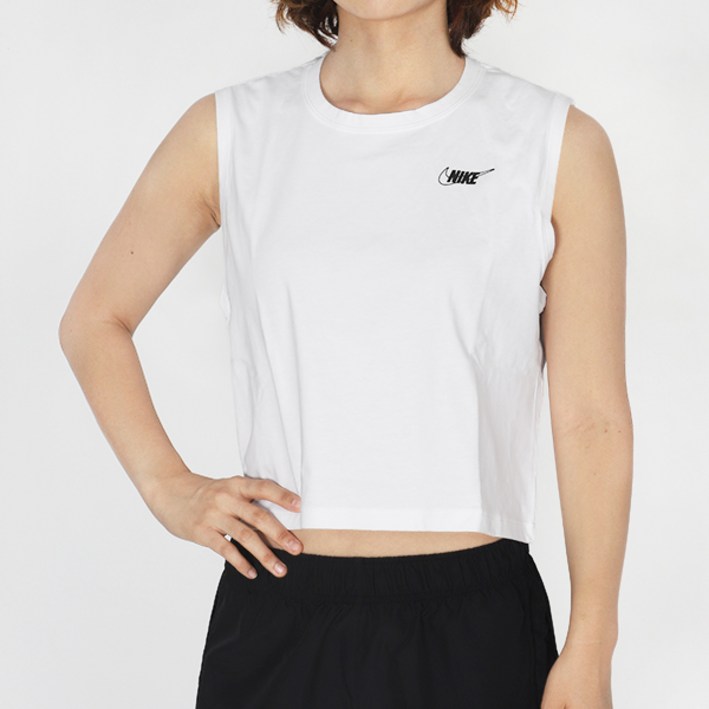 나이키 우먼스 크롭 민소매 나시티 NSW Club 티 화이트-블랙 로고