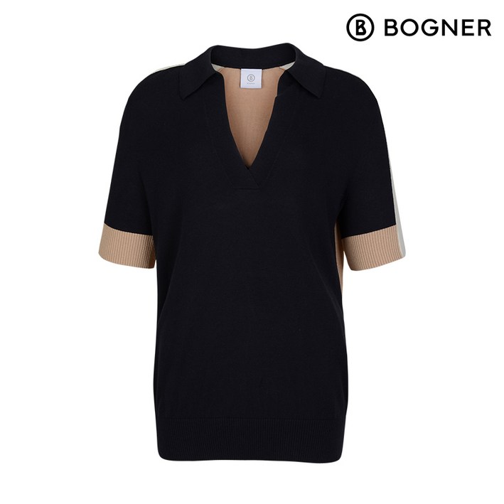보그너 여성 앞뒤 배색 브이넥 반팔 니트 티셔츠