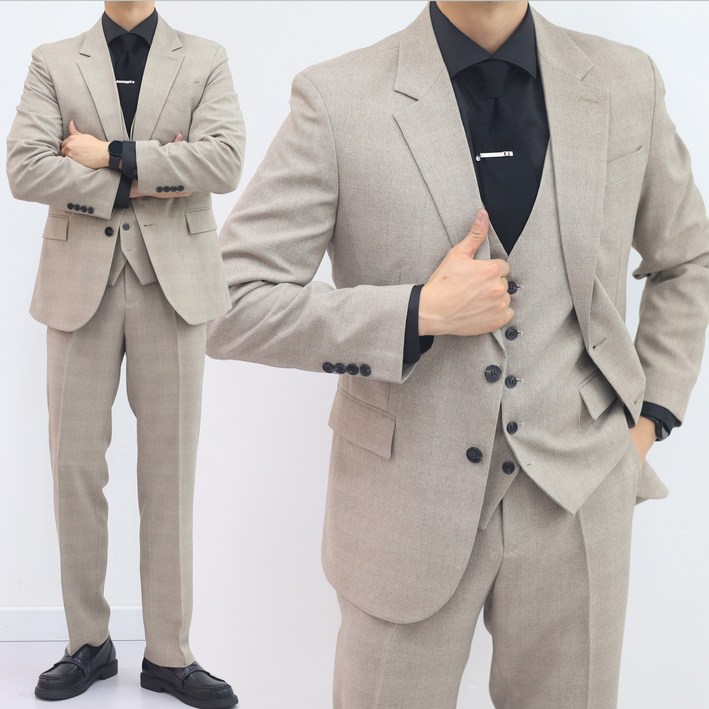 넥타이증정 빅사이즈정장 남자정장 슬림핏 맞춤형 베이지체크 3피스 스판수트 결혼식 하객룩 웨딩촬영
