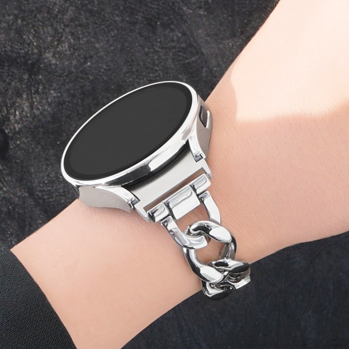 미소피아 갤럭시워치7 6 5 4 호환 글로시 메탈 스트랩  케이스 체인 슬림 여성 커브형 시계줄 밴드 날개형, 실버