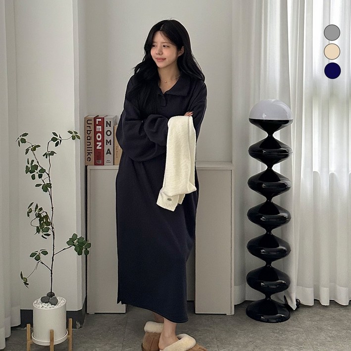 디테일웨어 여성 기모 카라넥 긴팔 원피스 빅사이즈 임부복 밑단트임 편한원피스 도톰한 겨울 포켓 롱원피스