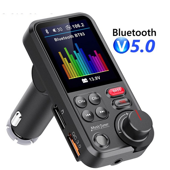YIZHOOD FM 송신기 1.8 인치 컬러 스크린 블루투스 핸즈프리 차량용 키트 QC3.0 고속 충전 고음 저음 사운드 자동차 Mp3 플레이어