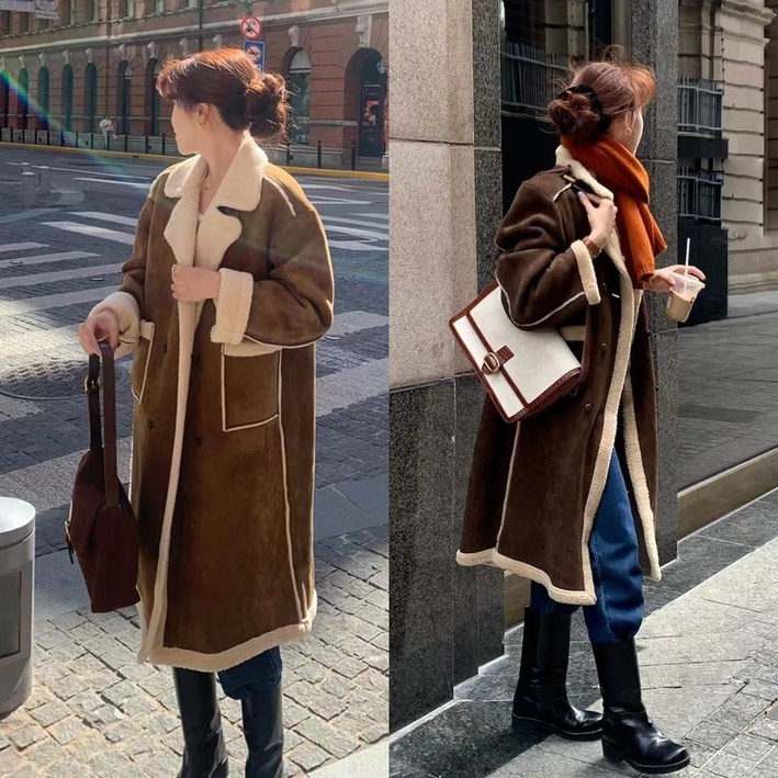 여성 루즈핏 카라넥 스웨이드 양털 인조퍼 안감 롱무스탕 코트 2color