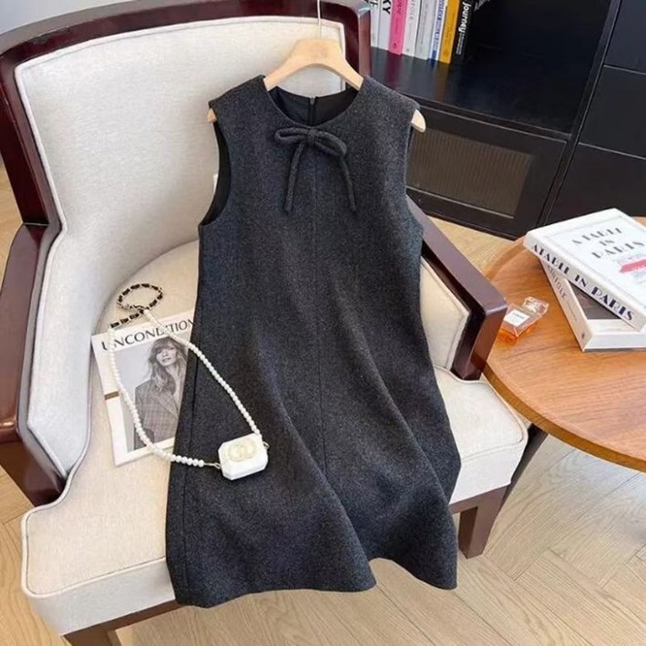 PEROLA 여성 모직 원피스 라운드 리본 미디 니트 조끼 가을 겨울 빅사이즈 나시원피스