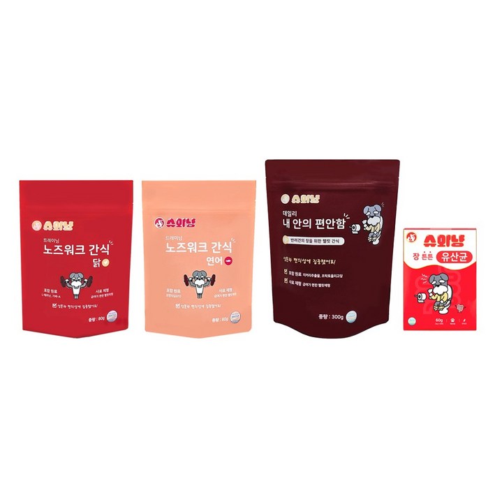 슈와냥 노즈워크 닭 80g1개노즈워크 연어 80g1개내안의 편안함 300g1개유산균 60g1개 강아지영양제 강아지관절영양제 애견노즈워크 노견영양제, 4개
