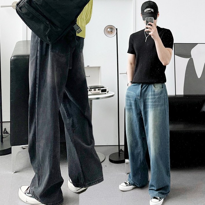 프리미엄 바이오 샌드브러쉬 뒷밴드 와이드 팬츠 데님 청바지