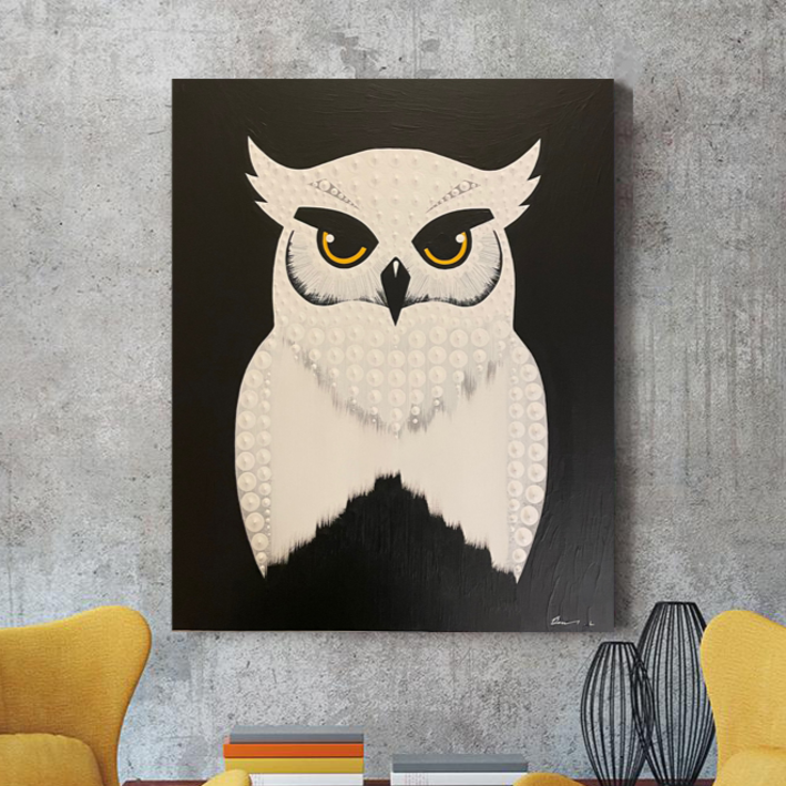 유화 작품 수작업 - 부엉이 - 부의상징 유화 풍수 현관 거실 인테리어 개업 집들이 캔버스 그림 액자 선물 - 아트버프
