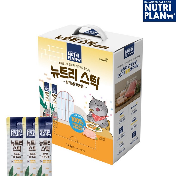 동원 뉴트리플랜 뉴트리스틱 고양이 간식 츄르 대용량, 참치닭가슴살, 14g, 100개
