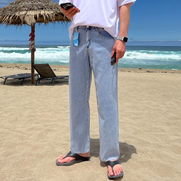 당일출고5도씨 남녀공용 쿨맥스 아이스 스판 세미와이드 여름용 시원한 빅사이즈 연청바지 데님팬츠 5769