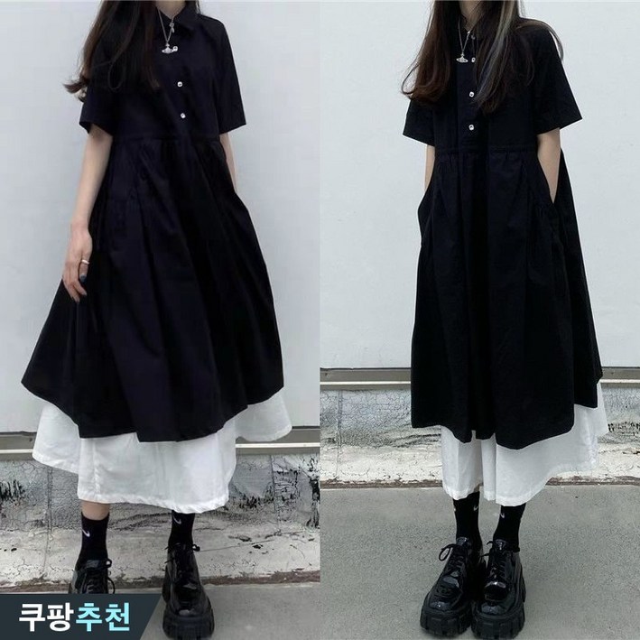 (완전 추천) 150kg까지 빅사이즈 여성 페이크 레이어드 카라 허리꼬임 롱 원피스 여름 편한 모던 검정 날씬해보이는 버튼 주머니있는 스트랩 디자인 반팔 시원한 플레어 원피스