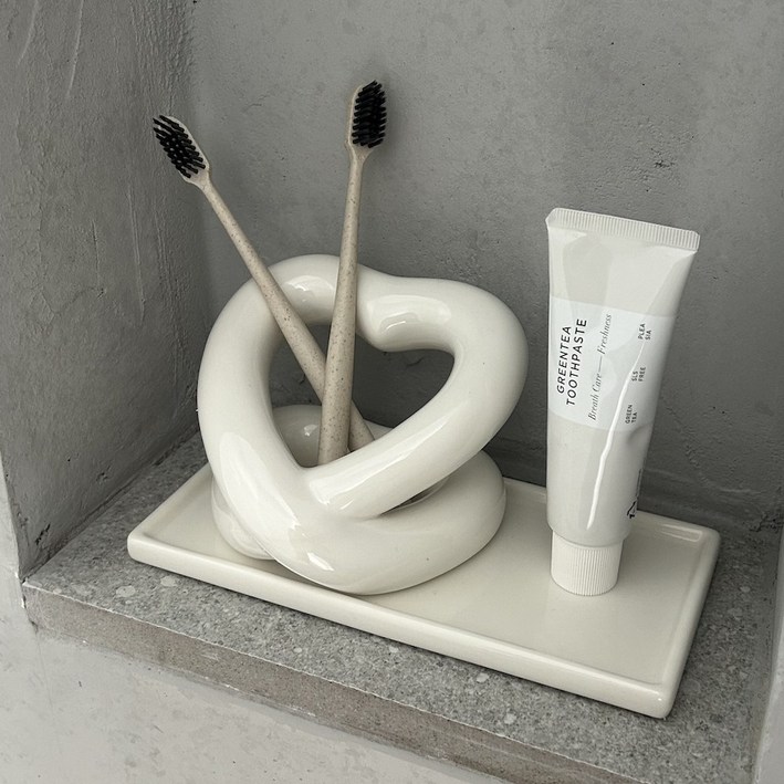 하트 핸드메이드 세라믹 칫솔꽂이&트레이세트