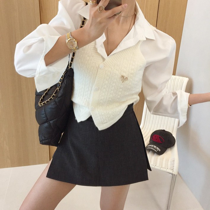 아이미마인 퀸리본 브로치 크롭 뷔스티에 니트조끼 셔츠 투피스세트 3color