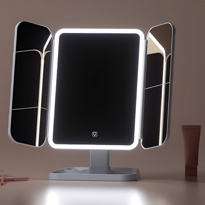 하루 접이식 화장대 무선 LED 조명 탁상 거울, 스노우 화이트