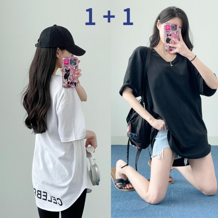 쇼핑죠이 백레터링 루즈핏 무지 오버핏 반팔 롱 티셔츠