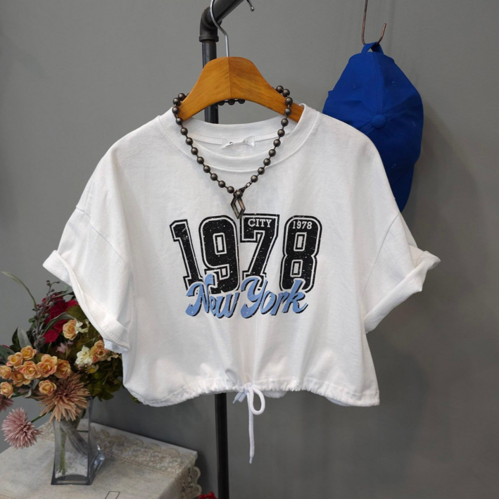 루즈핏 크롭 뉴요커 스트링 반팔티