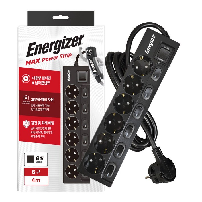 에너자이저 개별스위치 멀티탭 4000W 고용량 6구 납작플러그 과부하차단, 1개, 블랙(개별스위치 6구), 4m