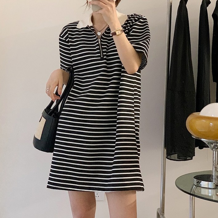 카라 집업 단가라 미니 원피스 여름 여성 반팔 티셔츠