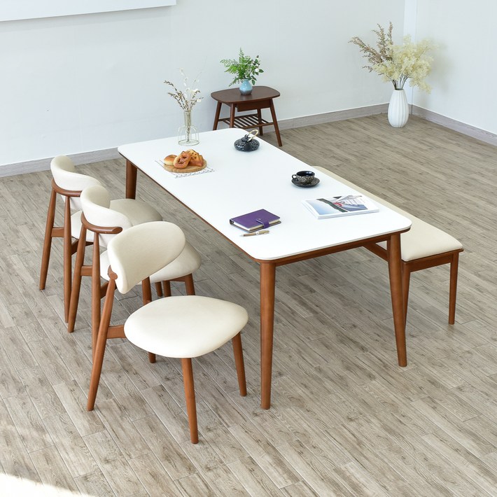 이즈네이처 누베 세라믹 식탁 6인용  의자3p  솔리드 3인 벤치 세트 방문설치, 퓨어화이트식탁, 브라운의자,벤치, 일반 3  벤치 1