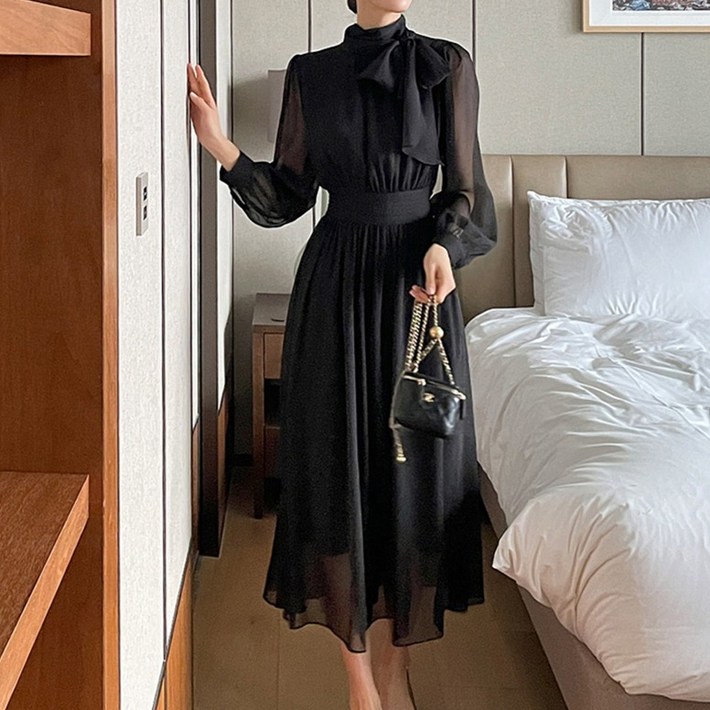 비비에모 셀렌 넥리본 여리 셔링 플레어 미디 원피스 10023