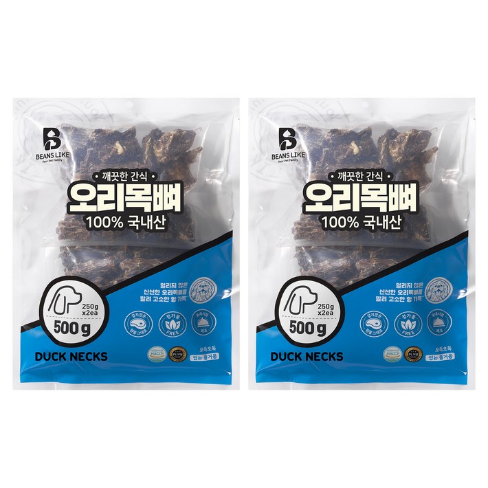 빈즈라이크 목뼈 강아지 간식, 오리, 500g, 2개