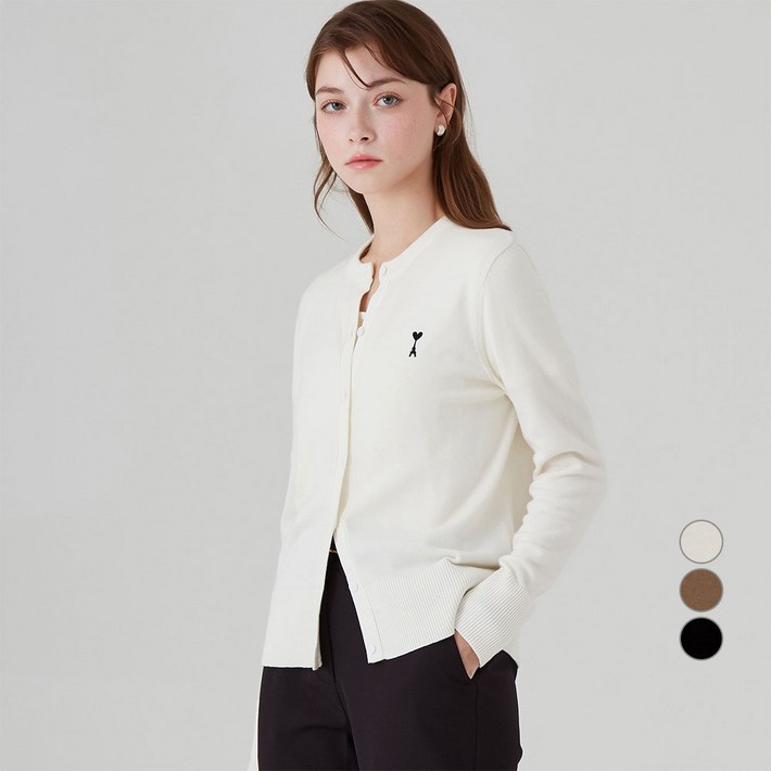 ELLE PARIS 여성용 로고 자수 라운드넥 기본 가디건 ELLE PARIS 여성용 로고 자수 라운드넥 기본 가디건
