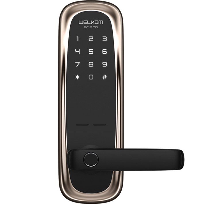 솔리티 웰콤 그립온 지문인식 무타공 손잡이 있음 도어락 WM650B