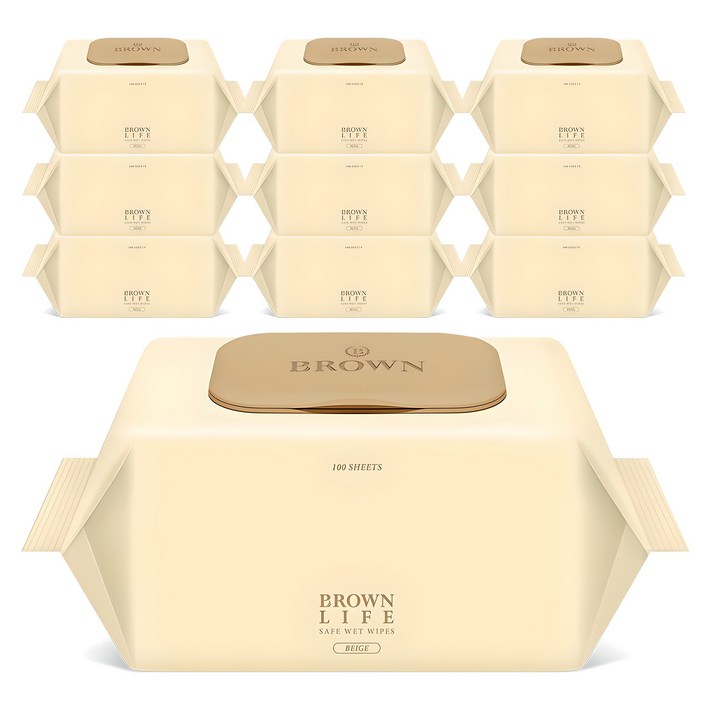 브라운라이프 베이지 엠보싱 대용량 물티슈 캡형, 50g, 100개입, 10개