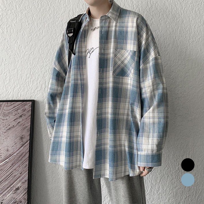 엘쏘 옴므 남성용 오버핏 사계절 체크 긴팔 남방 셔츠