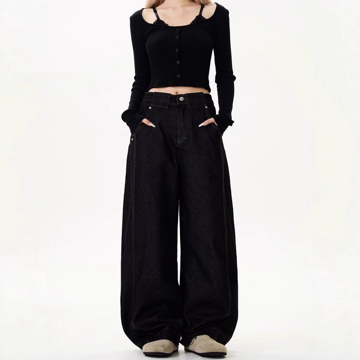 더플로우커머스 여성용 생지 무드 딥톤 다크진 와이드 데님 팬츠