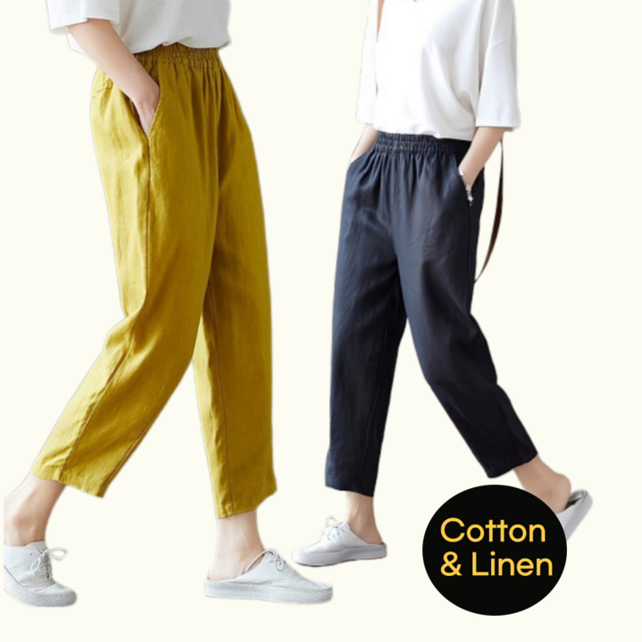 11 여성 여름 코튼 린넨 면마 100 배기핏 8부 밴딩팬츠 카프리팬츠 면바지 린넨바지 배기팬츠
