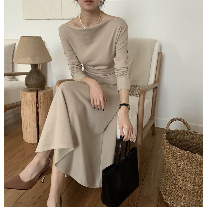 루어스룸 컴히얼 보트넥 오프숄더 드레이프 a라인 하객룩 셀프웨딩 슬림핏 입술넥 플레어 롱원피스