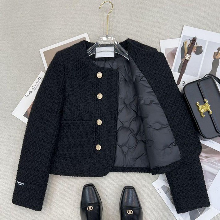 UPPERCUT 패딩 트위드자켓 겨울용 정장자켓 하객룩 오피스룩 금장버튼 디테일 크롭자켓 빅사이즈 겨울자켓