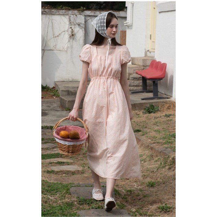 Bow shirring puff one piece  Coral