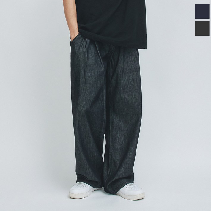 페이퍼 원턱 린넨 논페이드 와이드 데님 팬츠